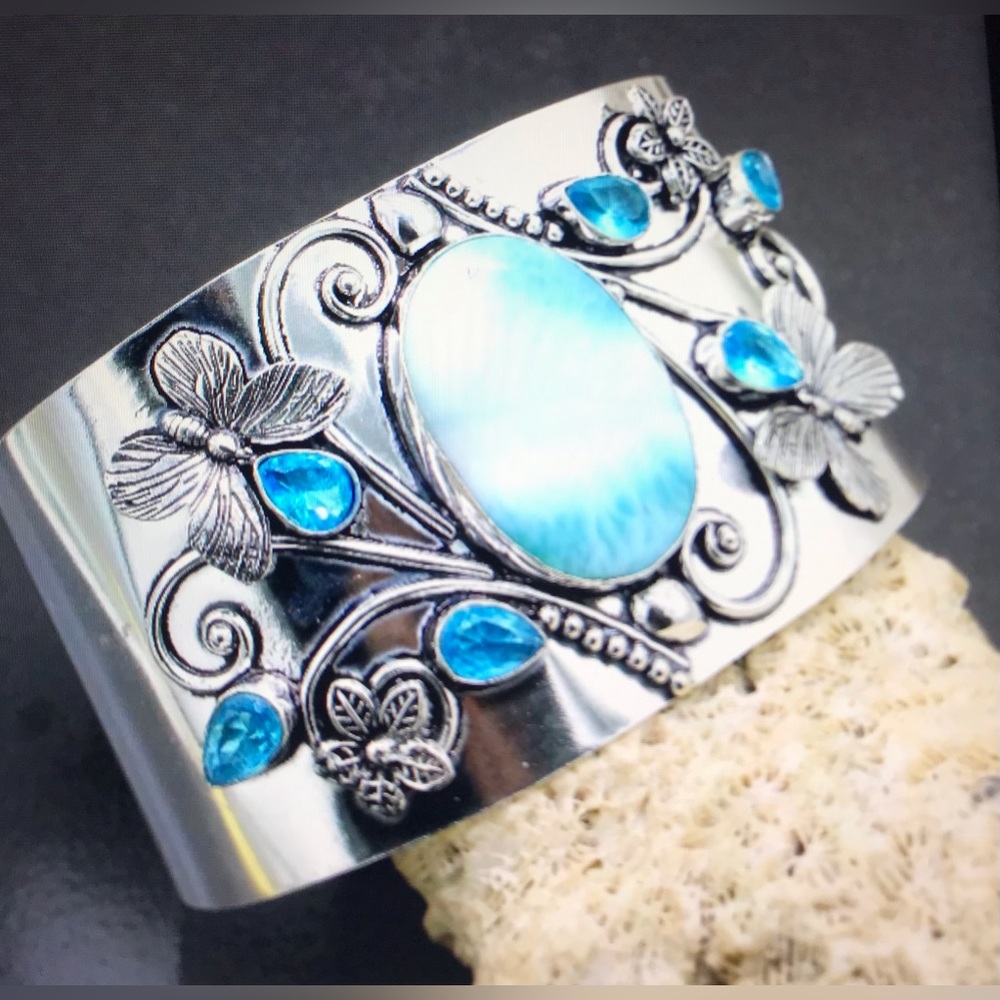 Larimar Blue Topaz Stamped 925 Sterling Silver Cuff Bracelet